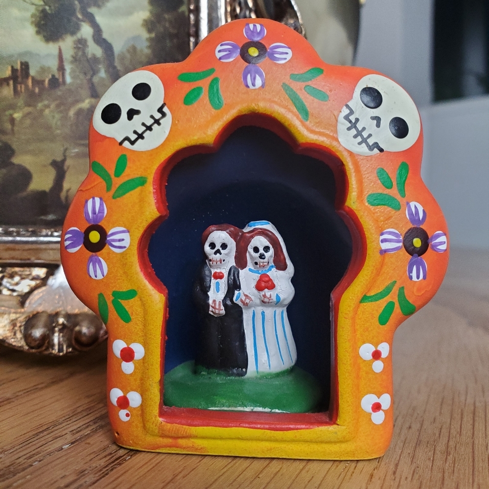Hand Crafter "Day Of The Dead " Wedding Day Marriage Scene- Shadow Box Ceramic
